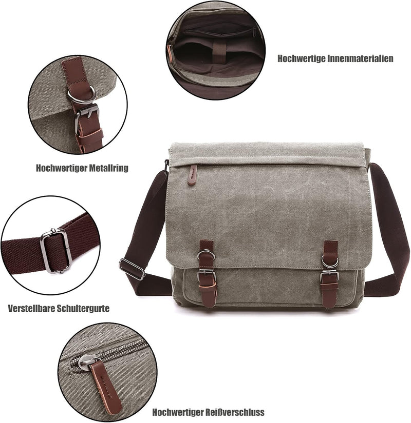 CALIYO Umhängetaschen Herren aus Canvas Schultasche Queformat A4 Laptoptasche für 15,6 Zoll Laptop A