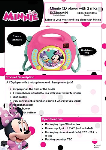 Lexibook Disney Junior Minnie Maus, CD-Player mit 2 Spielzeug-Mikrophonen, Kopfhöreranschluss, Batte