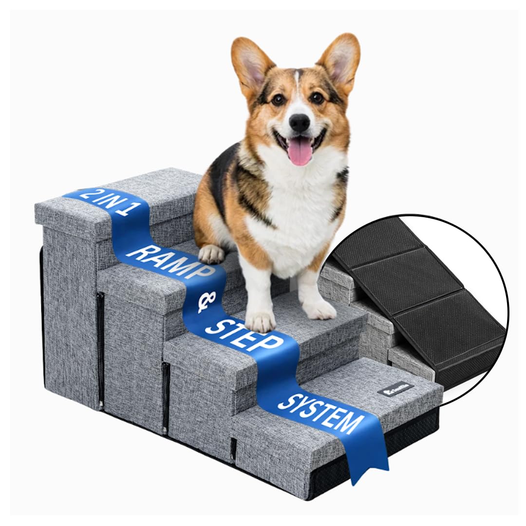 Hundetreppe mit 4 Aufbewahrungsboxen | mit Rampenfunktion | Faltbare Haustier rutschfeste Sicherheit