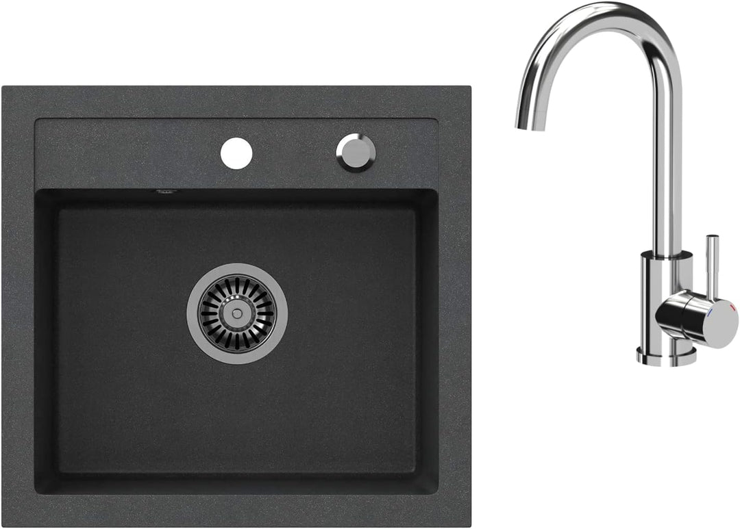 VBChome Spülbecken mit Armatur 50 x 47 cm Schwarz Granit Spüle Einzelbecken Küche Einbauspüle Verbun