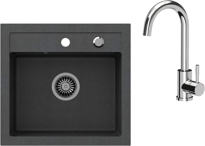VBChome Spülbecken mit Armatur 50 x 47 cm Schwarz Granit Spüle Einzelbecken Küche Einbauspüle Verbun