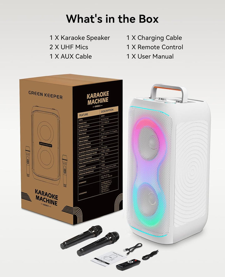 GKD61 Karaoke-Maschine für Erwachsene, 2 Kabellose UHF-Mikrofone, 400W Spitzenleistung, Tragbarer Bl