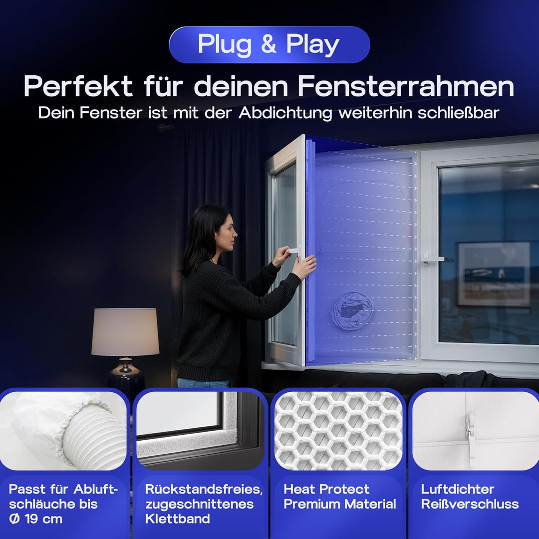 Fensterabdichtung mobile Klimaanlage - Abluftschlauch Fenster (M1) | HeatProtect Material, Insekteng