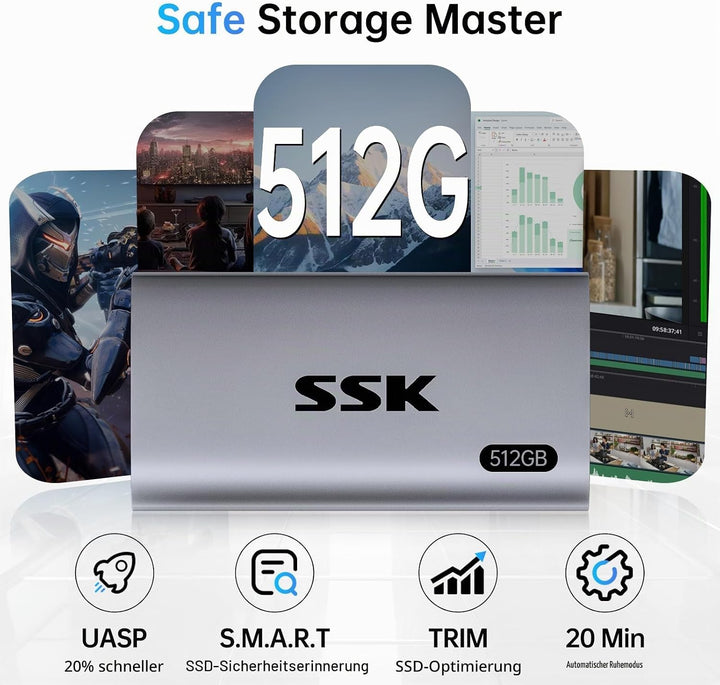 SSK 512GB Externe SSD Festplatte, Portable SSD bis zu 550 MB/s Schnelle External SSD USB 3.2 Gen2 US