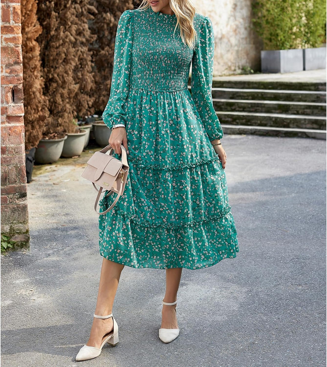 YNIQUE Damen Kleider Lässig Langärmlig Stehkragen Bohemian Blumenmuster Fliessende Maxi Kleider Abge
