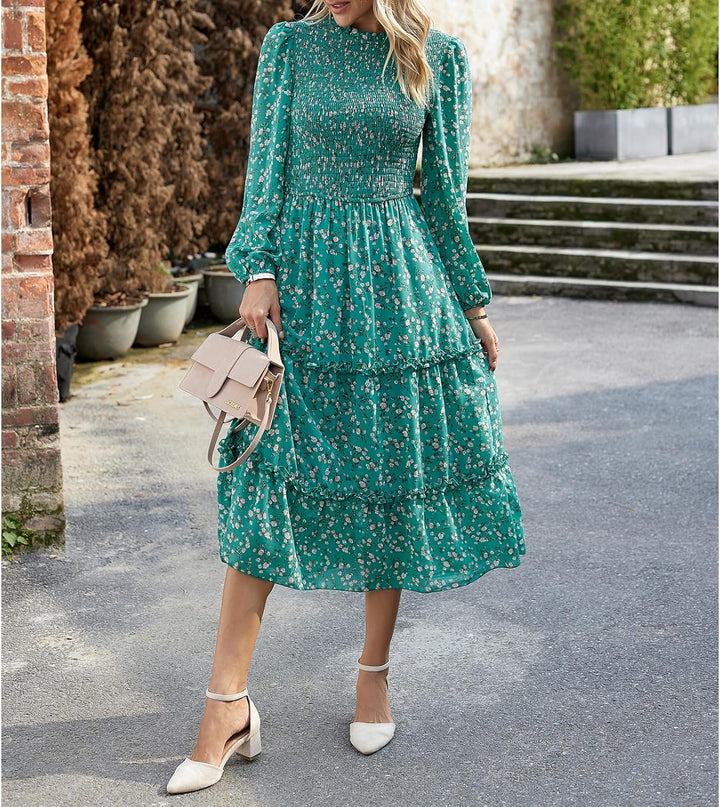YNIQUE Damen Kleider Lässig Langärmlig Stehkragen Bohemian Blumenmuster Fliessende Maxi Kleider Abge