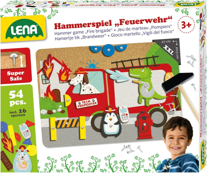 Lena 65836 - Hammerspiel Feuerwehr, Nagelspiel mit 38 farbigen Teilen & 16 Sonderteile, XXL Grundpla