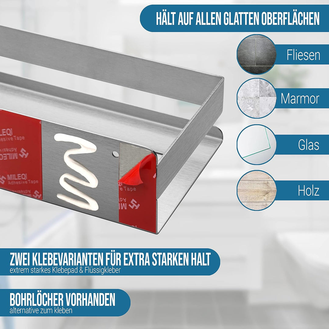 Duschablage ohne Bohren Silber | Duschregal Edelstahl mit Auslaufrillen | Duschkorb Aufbewahrung ink