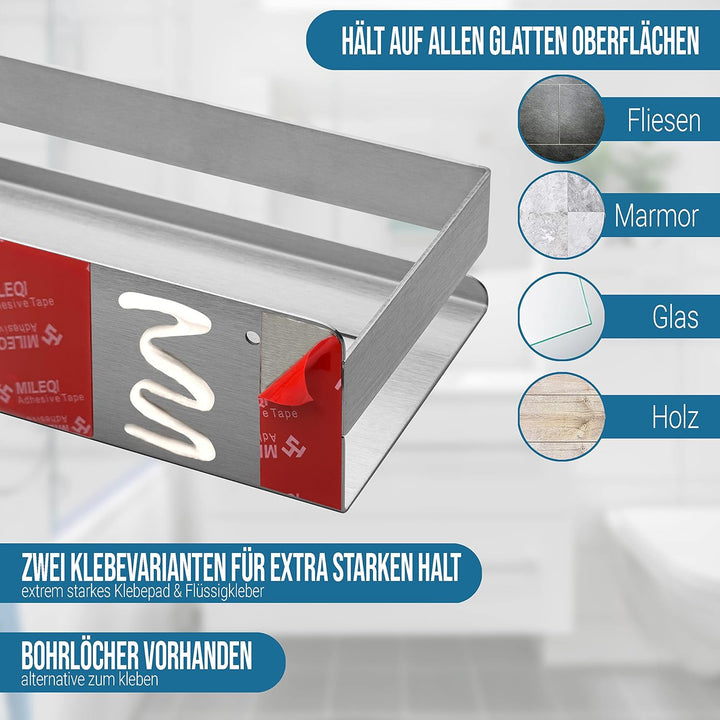 Duschablage ohne Bohren Silber | Duschregal Edelstahl mit Auslaufrillen | Duschkorb Aufbewahrung ink