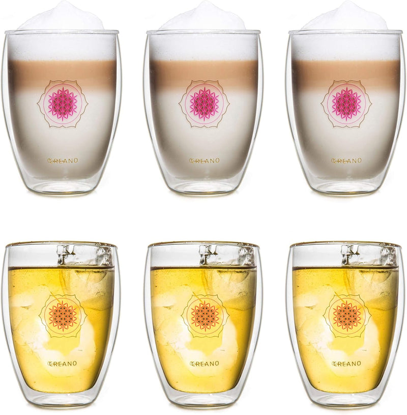 Creano doppelwandiges Tee-Glas, Latte Macchiato, Thermobecher Blume des Lebens | 250ml, in exklusive