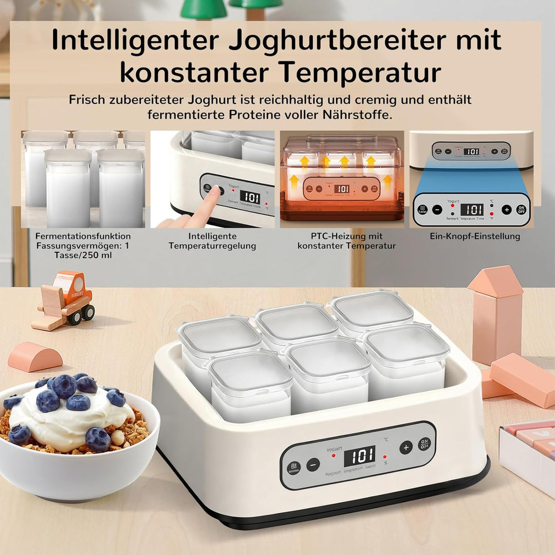 Joghurtbereiter mit 6 Glasbechern à 250 ml, Aartner Joghurt Maker Einstellbare Temperatur und Zeit,