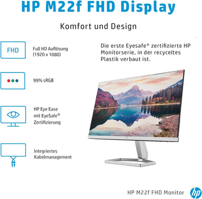 HP M22f Monitor - 21,5 Zoll Bildschirm, Full HD IPS Display, 75Hz, 5ms Reaktionszeit, VGA, HDMI 1.4,