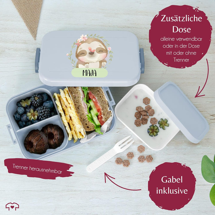 Kinder Bento Box Midi Lunchbox für Mepal Bentobox - Brotdose Faultier mit Name | Geschenk Einschulun