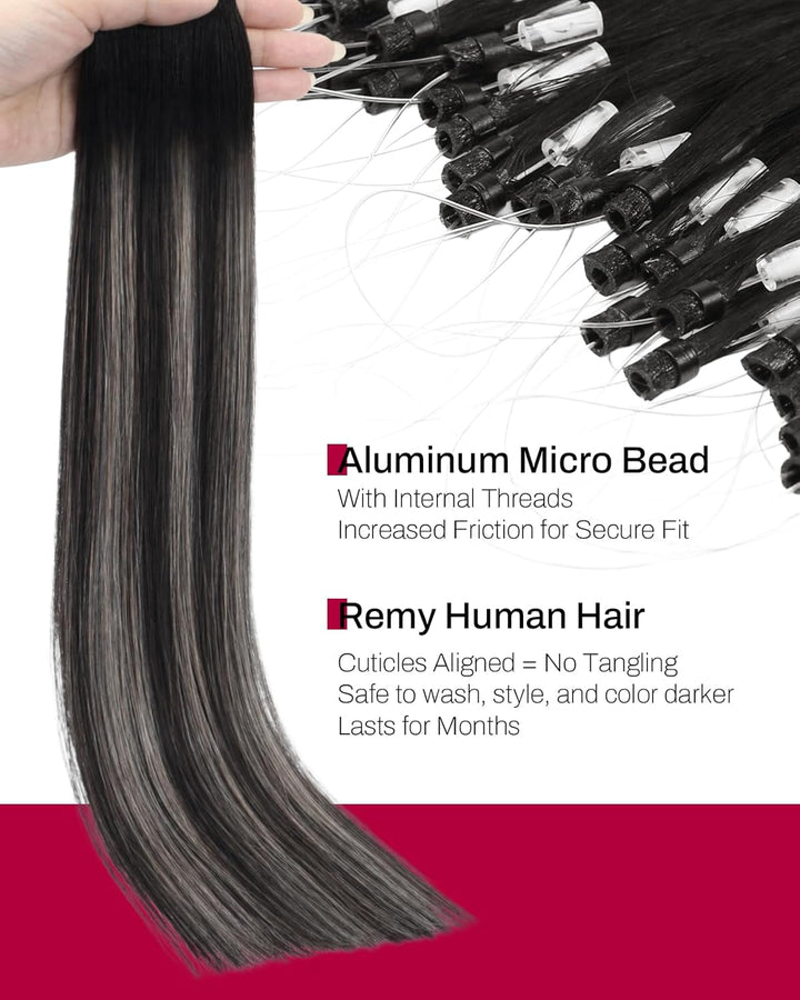 Moresoo Microring Extensions Echthaar Schwarz Silber 60 cm Micro Loop Extensions Echthaar Dicke Haar
