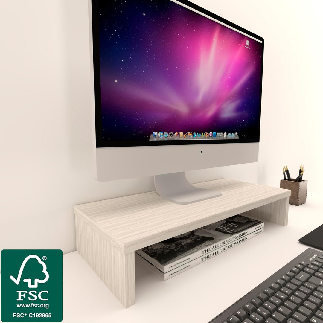 Henor Monitorständer TV-Bildschirmerhöhung in FSC® Holz 62 x 26.5 x 12 cm. Unterstützt 50 kg Eiche E