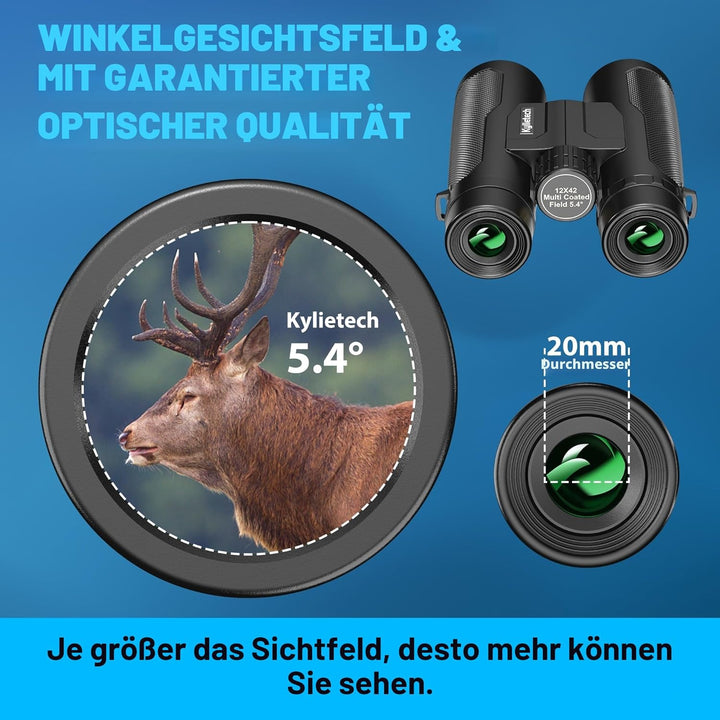 Fernglas Kylietech 12X 42 für Erwachsene, Wasserdicht Hochleistungs Ferngläser mit Tragegurt, Traget