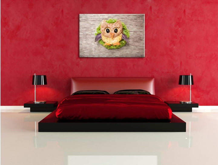 Pixxprint das lustige Eulen Sandwich Kunst / 100x70cm Leinwandbild bespannt auf Holzrahmen/Wandbild
