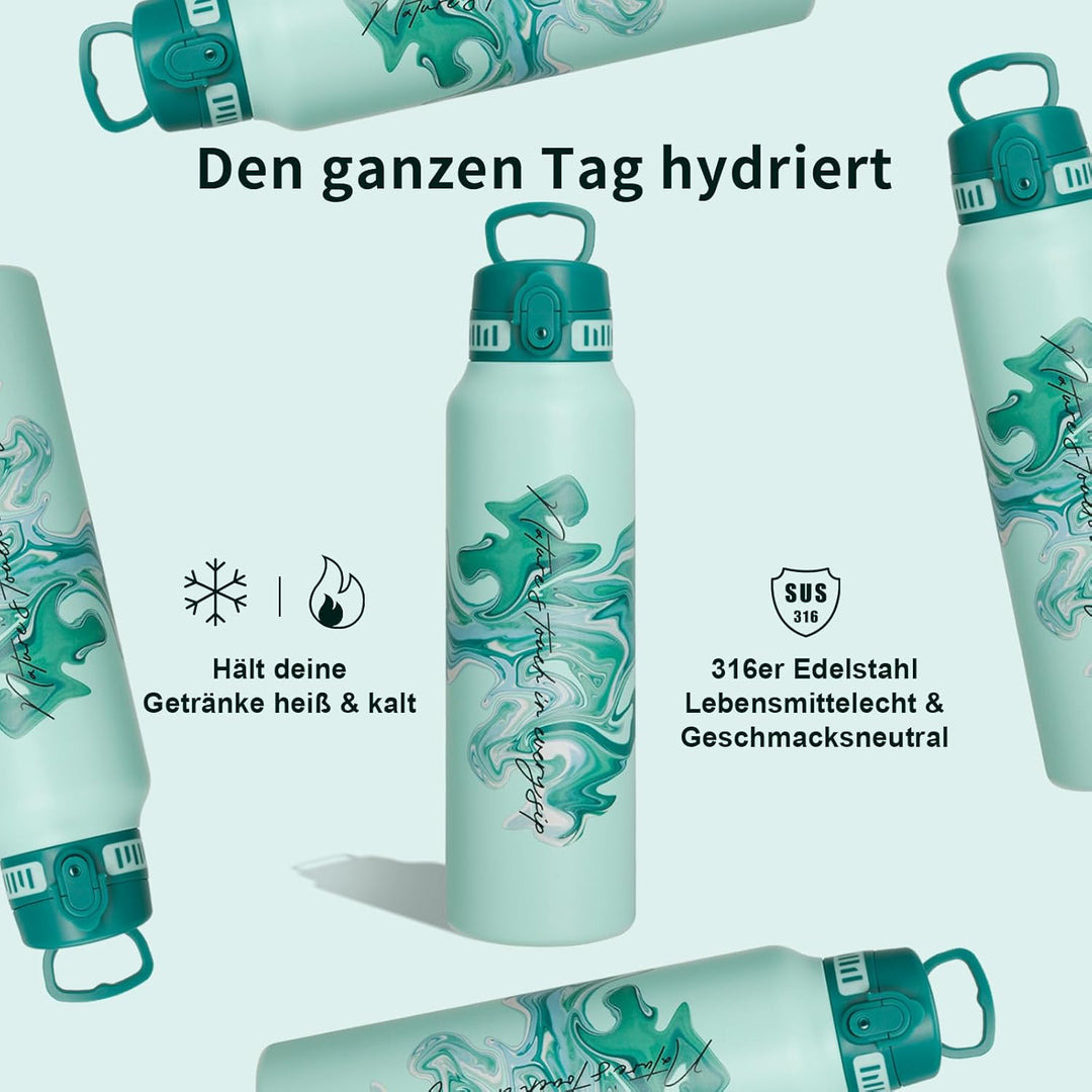 UZSPACE Edelstahl Trinkflasche 1l (970ml), Isolierte Thermosflasche mit 1-Klick-Öffnung, 100% Auslau