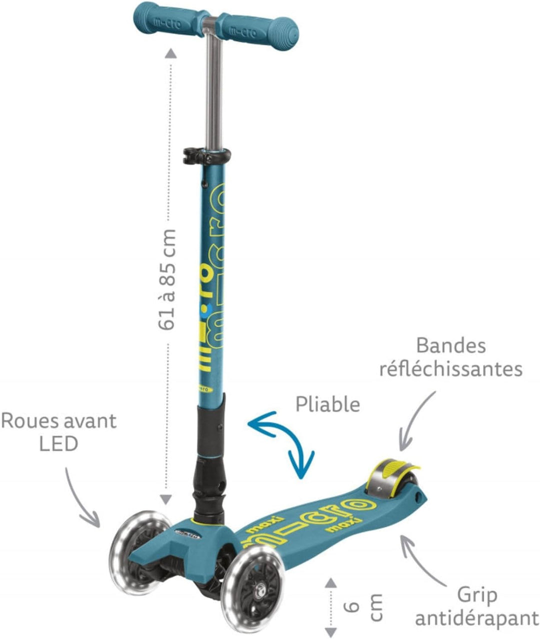 Micro Kickboard Maxi Deluxe Scooter, faltbar, LED, 3 Räder, Lean-to-Steer, Schweizer Design, mit bew