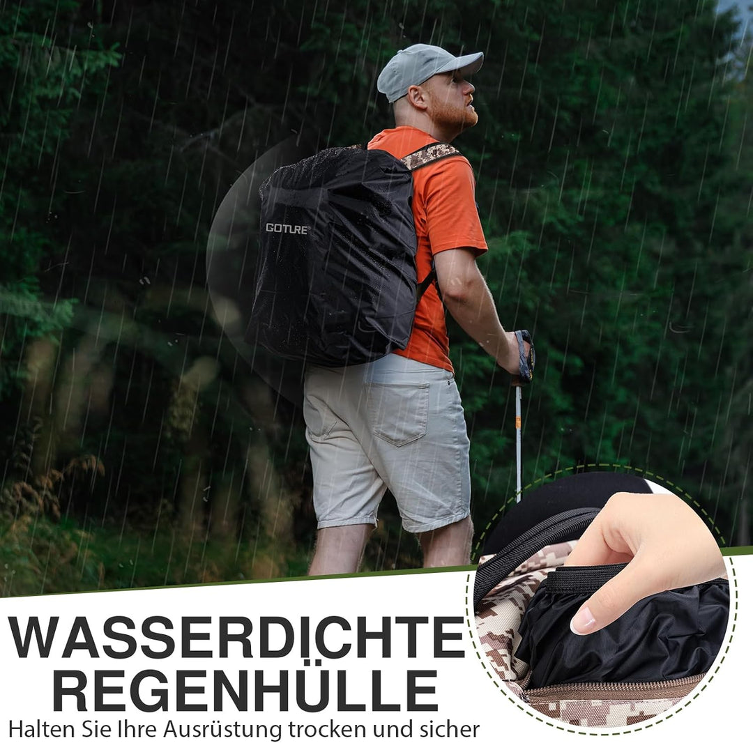 Goture Angelrucksack 45L, 4 Köderboxen, wasserdicht, Rutenhalter, Outdoor Wüsten-tarn 1