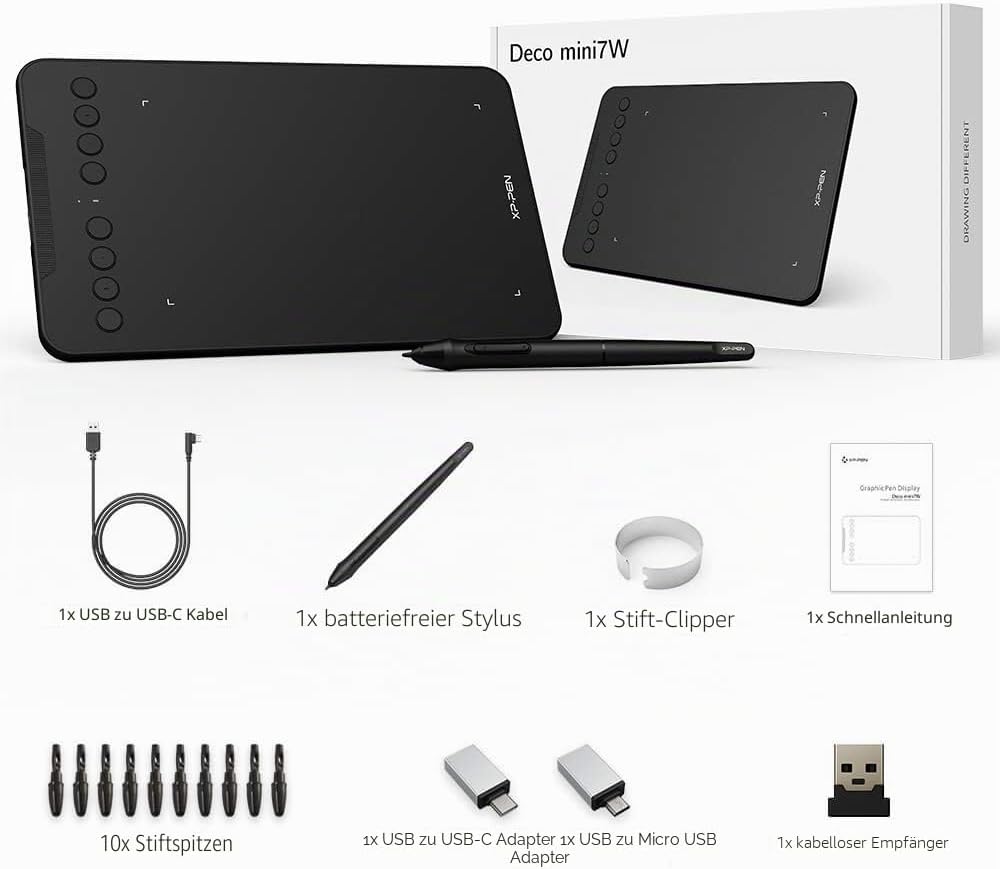 XP-PEN Deco Mini 7W Grafiktablett, 7,03''x4,38'' Pad, 2.4G Wireless Stift Tablett, zum Zeichnen, Des