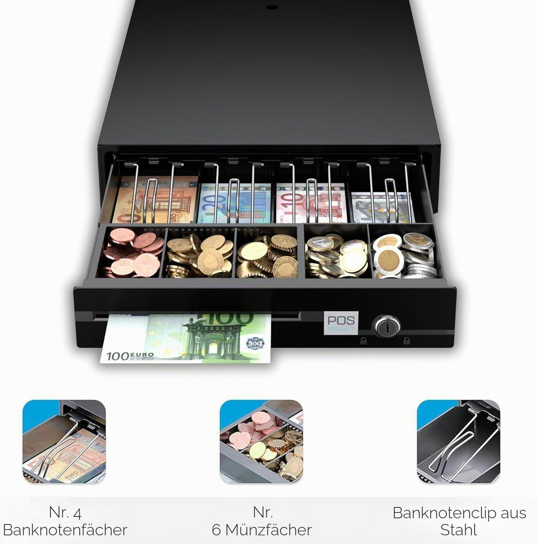 Kassenschublade Push - Druckknopf Öffnung, mit 5 Münzfach und 4 Scheinfächer (euro), Abschliessbar -