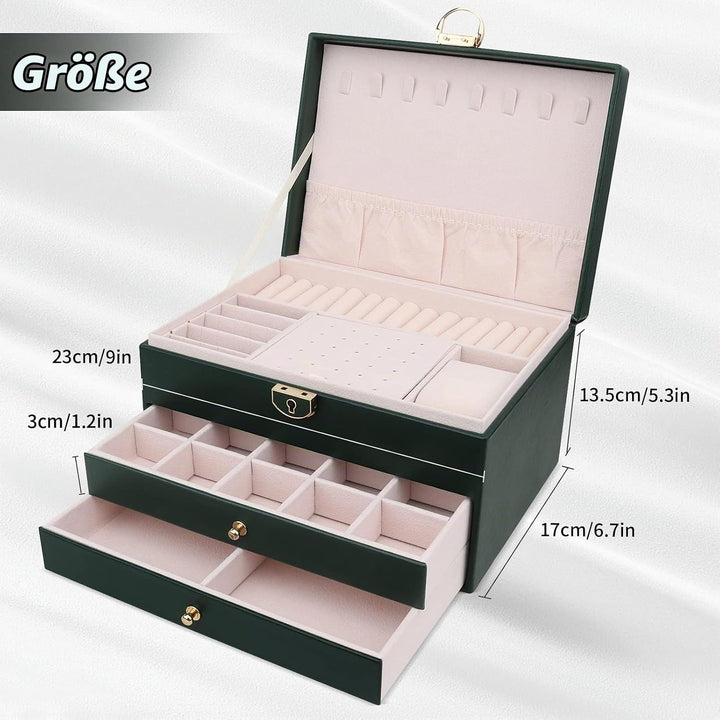 Schmuckkasten, Schmuckkästchen mit 3 Ebenen mit Schubladen, PU-Leder Schmuckbox Schmuckschatulle Gro