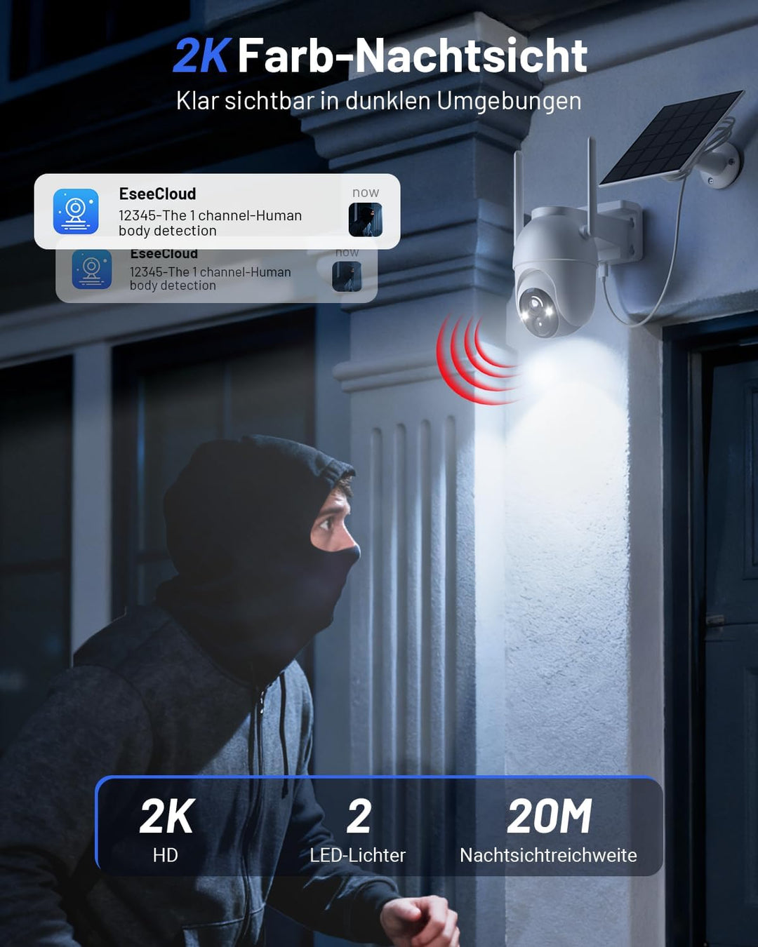 2K Überwachungskamera Aussen Akku Solar, 2-Cam-Set mit Basisstation | 360° PTZ Kabellos, 32G Lokaler
