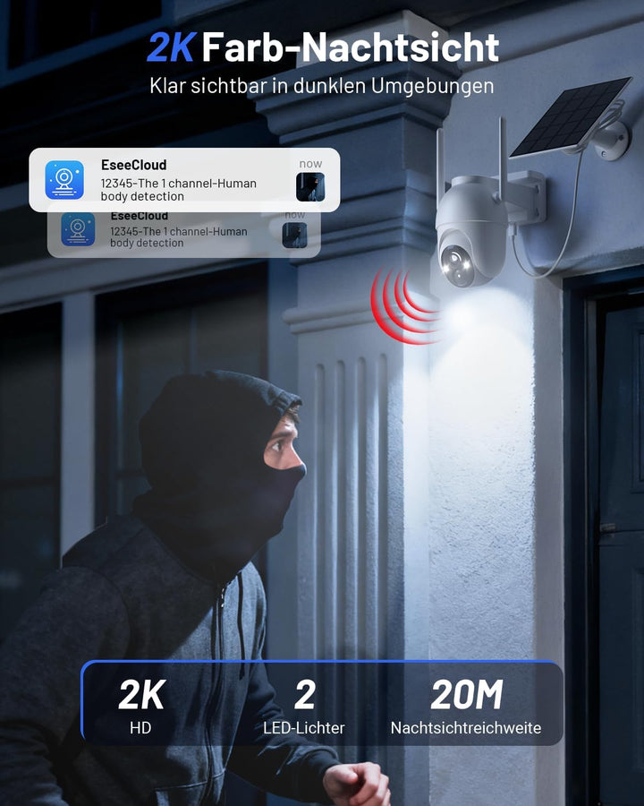 2K Überwachungskamera Aussen Akku Solar, 2-Cam-Set mit Basisstation | 360° PTZ Kabellos, 32G Lokaler