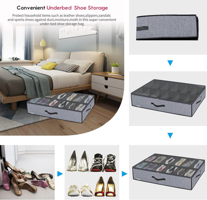 homyfort 2 Stück Unterbett-Kommode für Schuhe mit Durchsichtigem Deckel - Schuhaufbewahrungstasche S