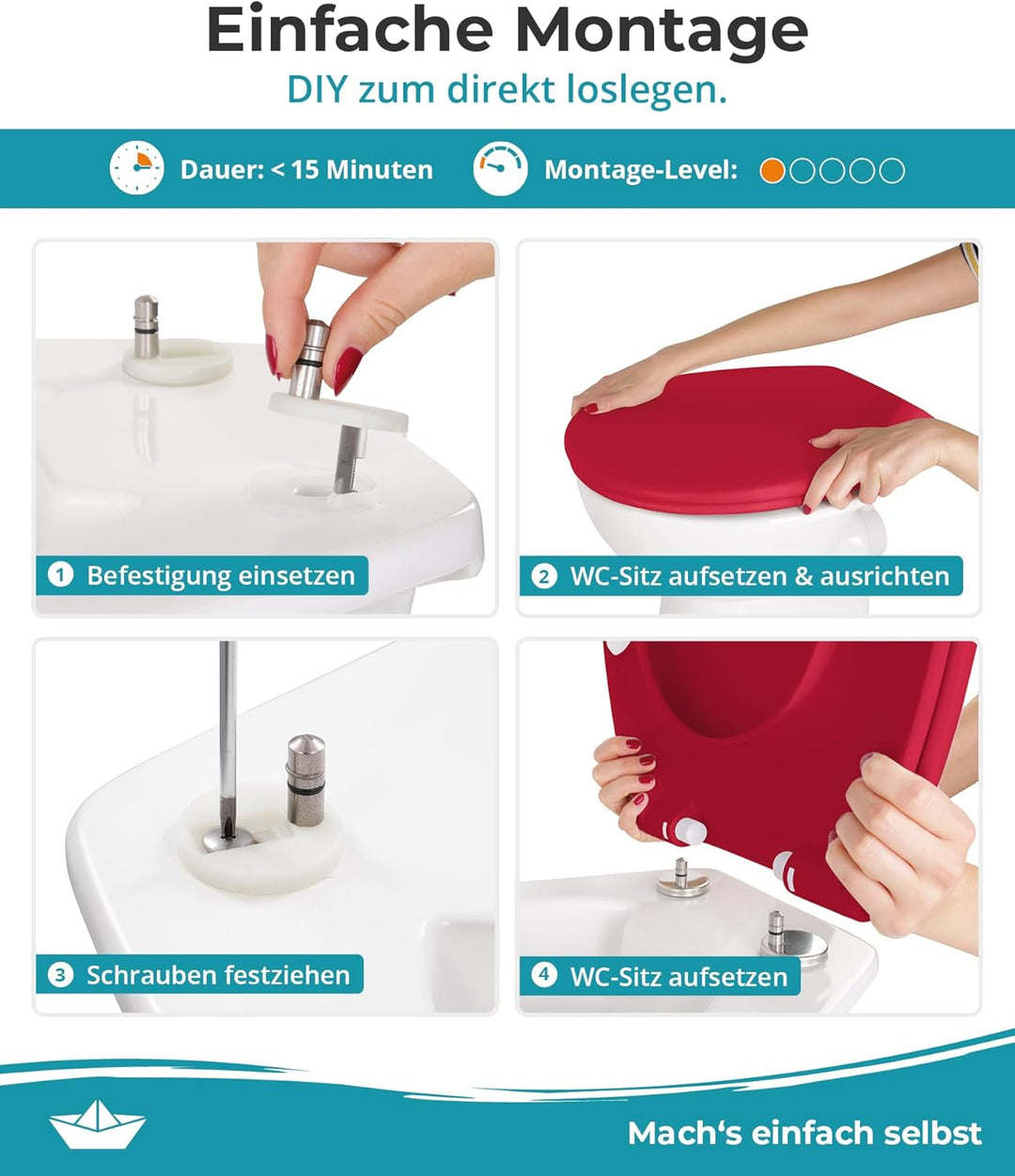 Calmwaters® Premium WC Sitz einfache Montage, Toilettendeckel bis 250 kg, Made in EU, antibakteriell