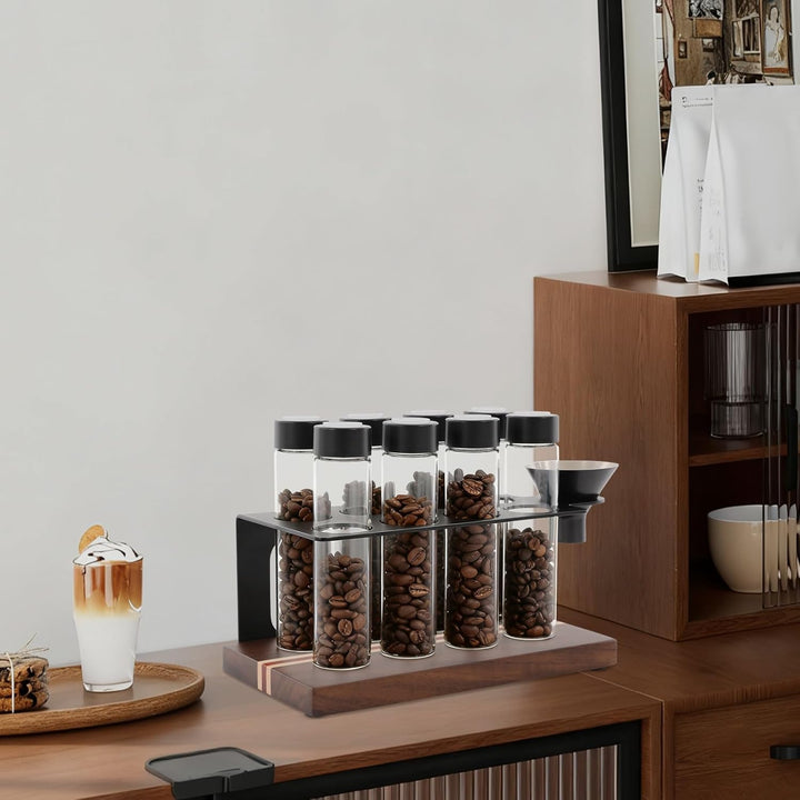 8 Tuben Kaffeebohnen Behälter, Einzeldosis kaffeedose mit Ständer und Trichter, Espressobohnen-Aufbe
