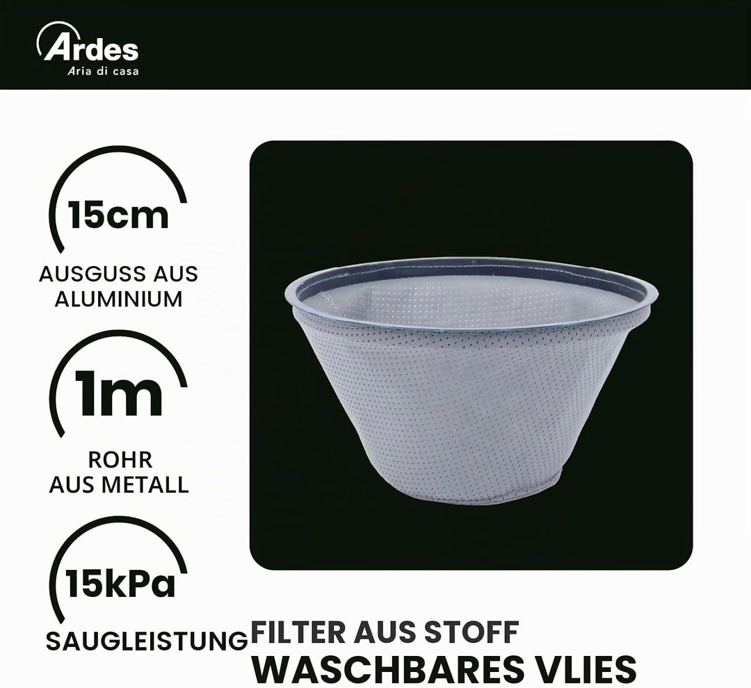 ARDES - AR4A12 ASHPIRO 12 Professioneller Aschesauger, 12-l-Behälter, waschbarer Vliesfilter, Asches
