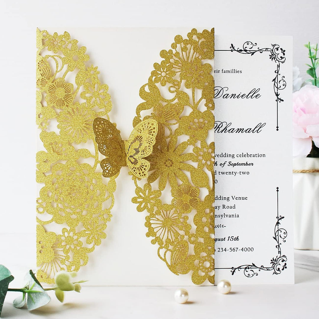 Hosmsua 20x Golden Glitzer Laserschnitt Spitze Flora Hochzeit Einladungskarten mit Schmetterling und