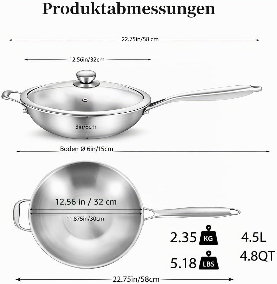 Edelstahl Wokpfanne 32 cm mit Glasdeckel – Ohne Beschichtung – für Induktion & Gas – für alle Herdar