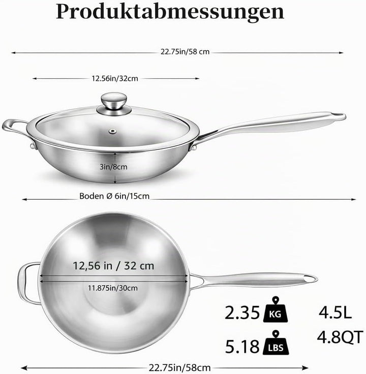 Edelstahl Wokpfanne 32 cm mit Glasdeckel – Ohne Beschichtung – für Induktion & Gas – für alle Herdar