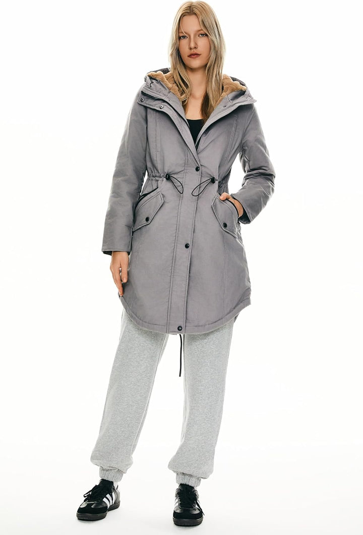 Orolay Damen Kapuzen Fleece Gefüttert Parka-Mantel Mittlere Länge Winter Draussen Gepolstert Jacke X
