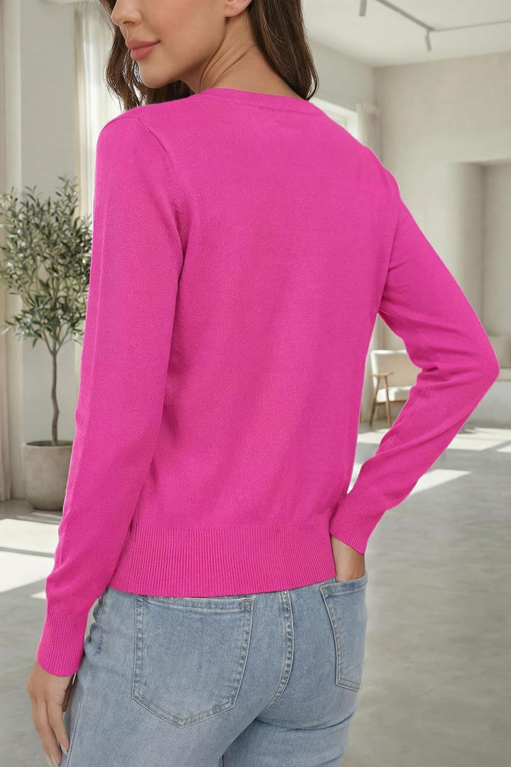 VOTEPRETTY Leichter Strickjacke Damen Cardigan Kurzarm/Langarm Sommer Solid Top Langarm M Rosarot, L