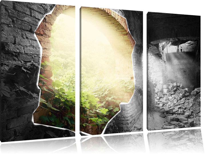 erleuchtete Ruine schwarz/weiss 3-Teiler Leinwandbild 120x80 Bild auf Leinwand, XXL riesige Bilder f