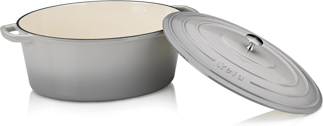 kela Bräter Gusseisen oval 9,3 Liter, Dutch Oven CALIDO, Induktion Gussbräter mit Deckel backofengee