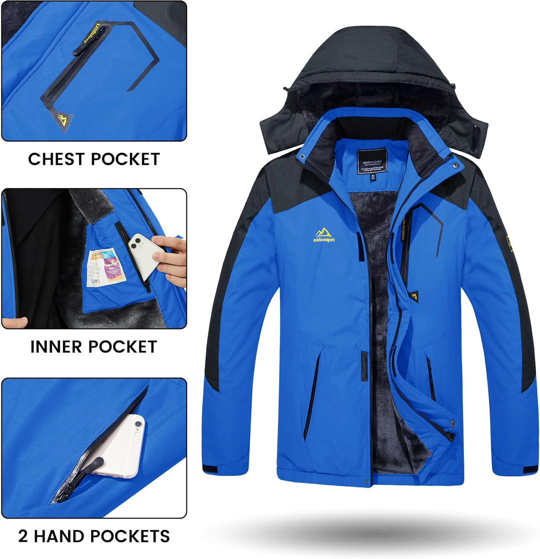 TACVASEN Herren Winter Wasserdichte Winddichte Winterjacke Warme Fleece-Futter Ski Regenmantel mit K