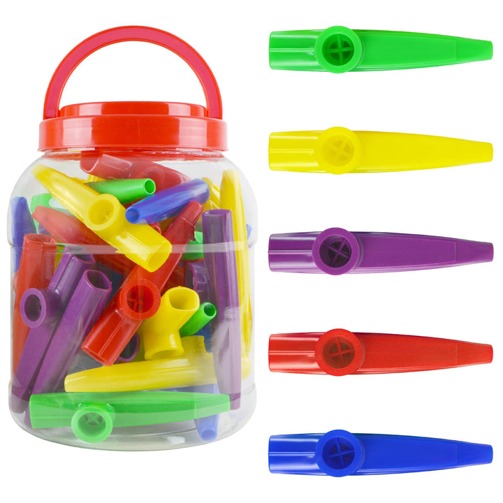 A-Star Kunststoff-Kazoos in mehreren Farben – Packung mit 40 Stück – in Kunststoffwanne mit Tragegri