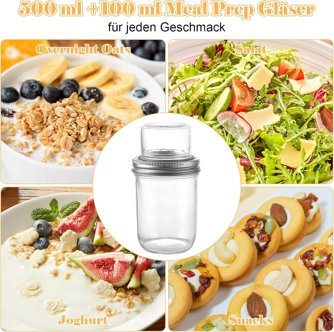 4er Müslibecher to go, 500ml+100ml Overnight Oats Gläser, Joghurtbecher to go mit Doppelschicht-Desi