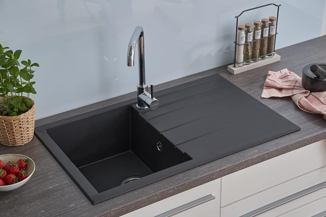 Respekta Mineralitespüle in Schwarz /1 Becken Einbauspüle in 80 x 50 cm Spülbecken geeignet für Unte