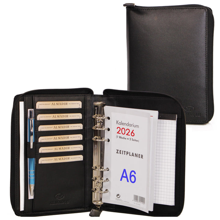 ALMADIH Leder A6 Organizer mit Reissverschluss, Kalender 2024 Notizblock Premium Rindsleder Schwarz