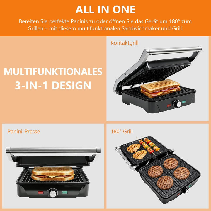 kisidus Kontaktgrill 2000W Panini Grill, Sandwich Maker, Tischgrill elektrisch 180° aufklappbar, ant