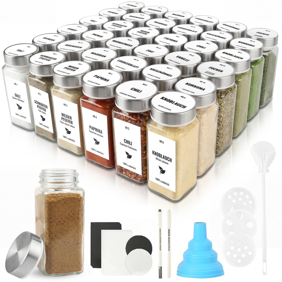 36pcs Gewürzgläser Eckig mit Edelstahldeckel, 120ml Glasbehälter mit Streueinsatz, Luftdichte Gewürz
