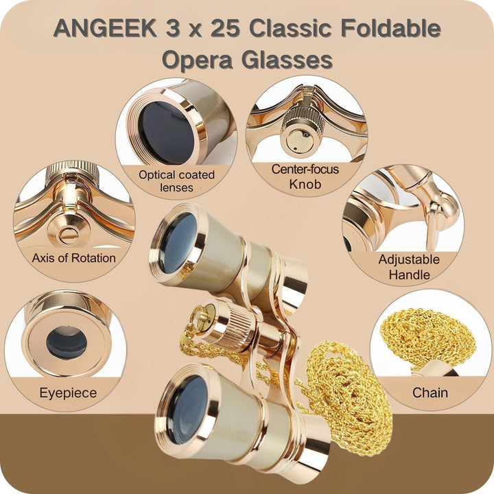 ANGEEK 3 x 25 Classic Foldable Opera Glasses Binoculars Metal Body with Chain Optical Lens Theater T