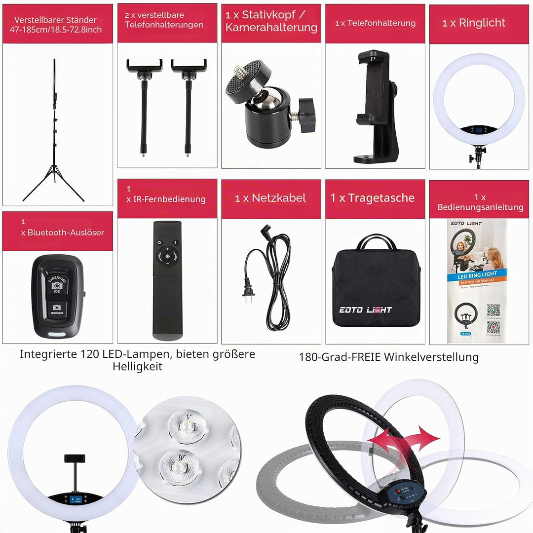 LED-Ringlicht mit Stativständer, Selfie-Ringlicht, 48,3 cm, LCD-Display, Touchscreen, dimmbares Lich