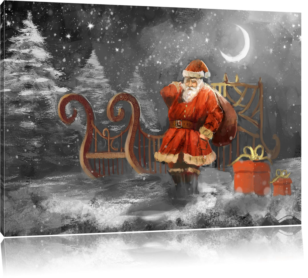 Pixxprint Weihnachtsmann mit Geschenken als Leinwandbild/Grösse: 100x70 cm/Wandbild/Kunstdruck/ferti